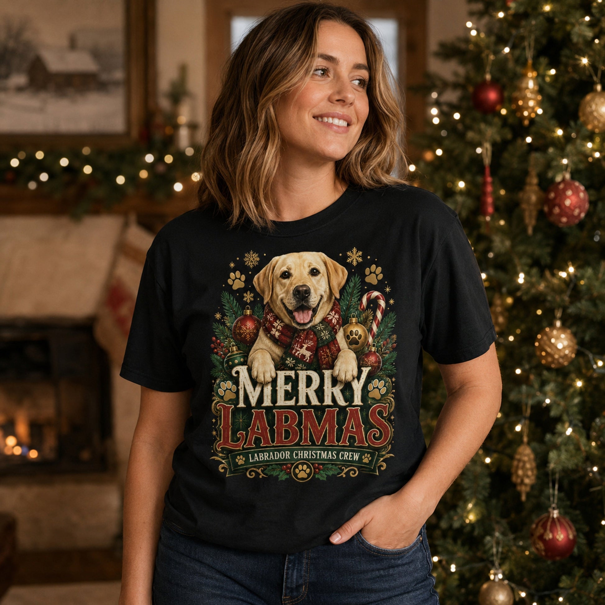 Woman wearing a black Merry Labmas t-shirt by a decorated Christmas tree, Labrador design