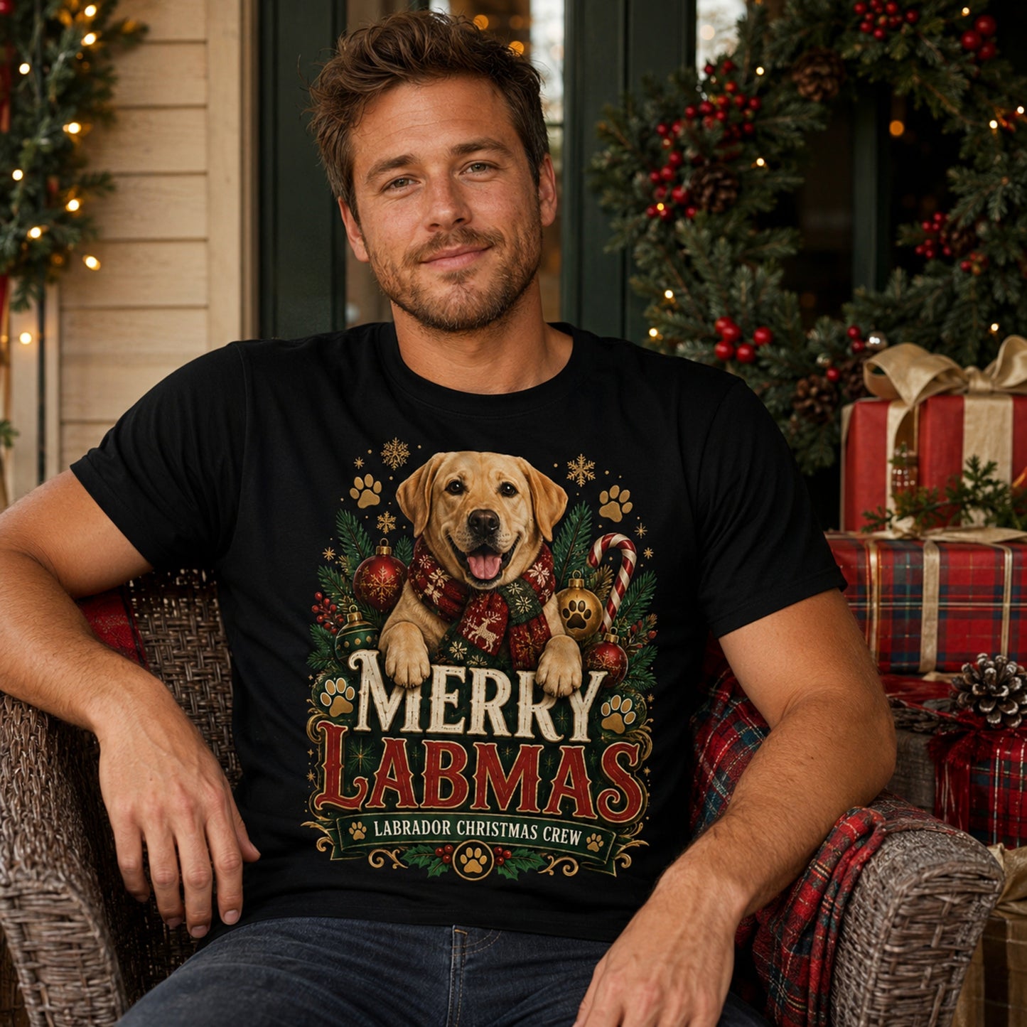 Man wearing a black Merry Labmas t-shirt on a festive front porch