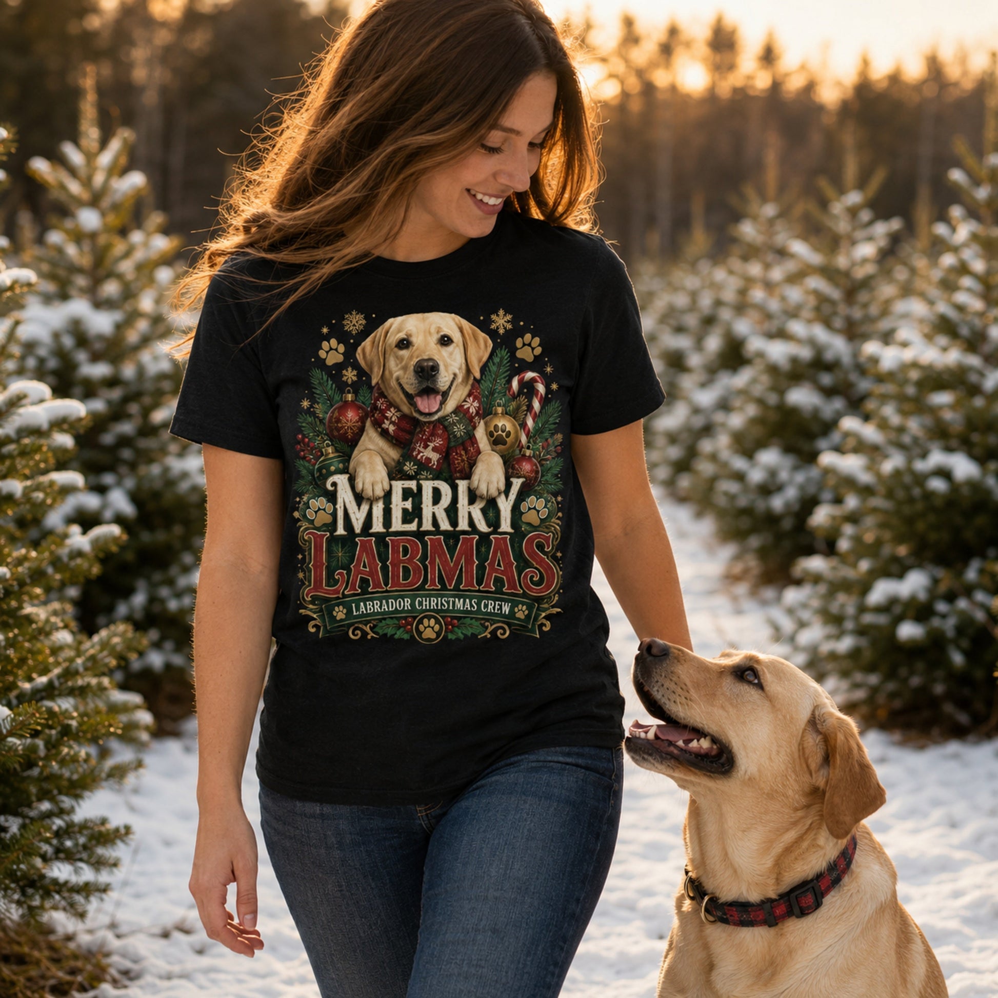 Woman wearing a black Merry Labmas t-shirt at a snowy Christmas tree farm