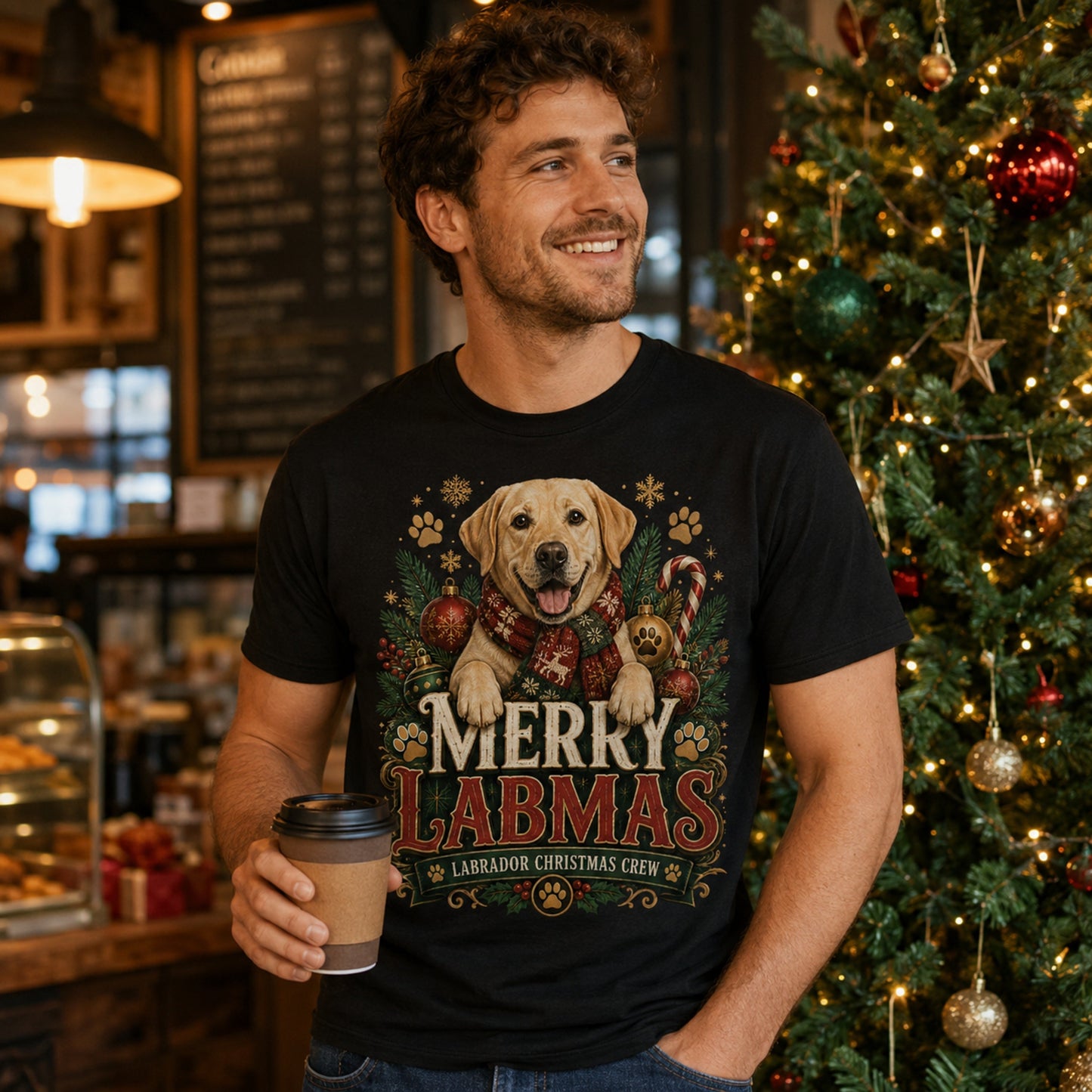 Man wearing a black Merry Labmas t-shirt at a holiday coffee shop