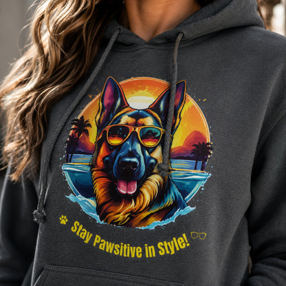 Close-up of Stay Pawsitive in Style German Shepherd graphic printed on a charcoal unisex hoodie.