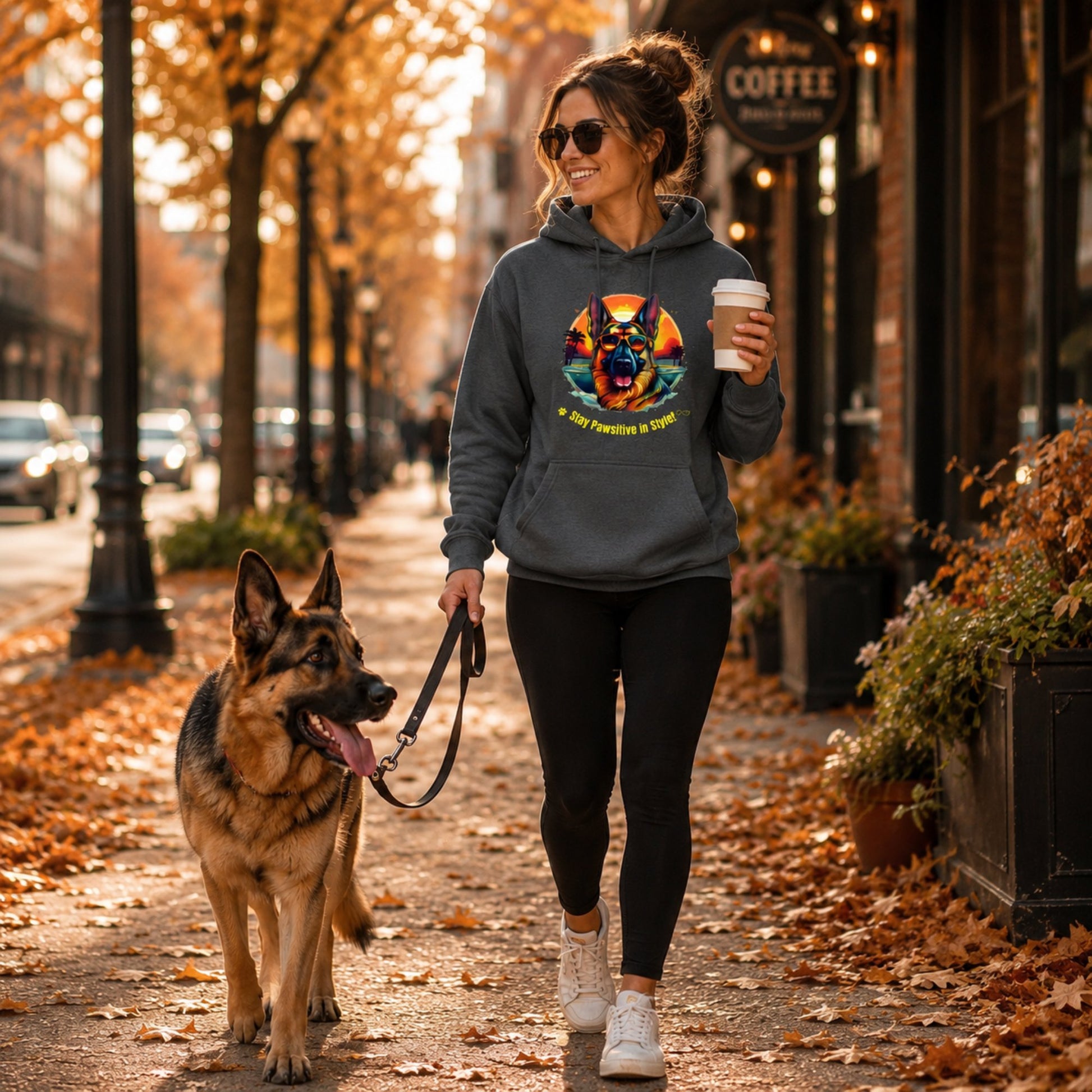 Woman wearing charcoal Stay Pawsitive in Style German Shepherd hoodie while walking with her dog.