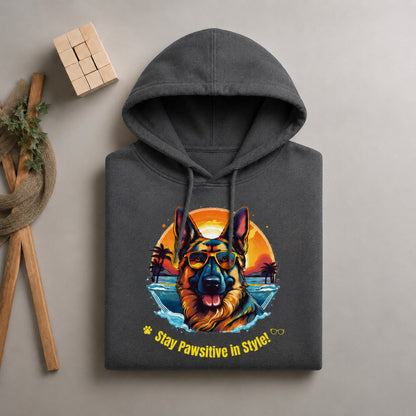 Folded charcoal German Shepherd hoodie displaying the Stay Pawsitive in Style graphic design.