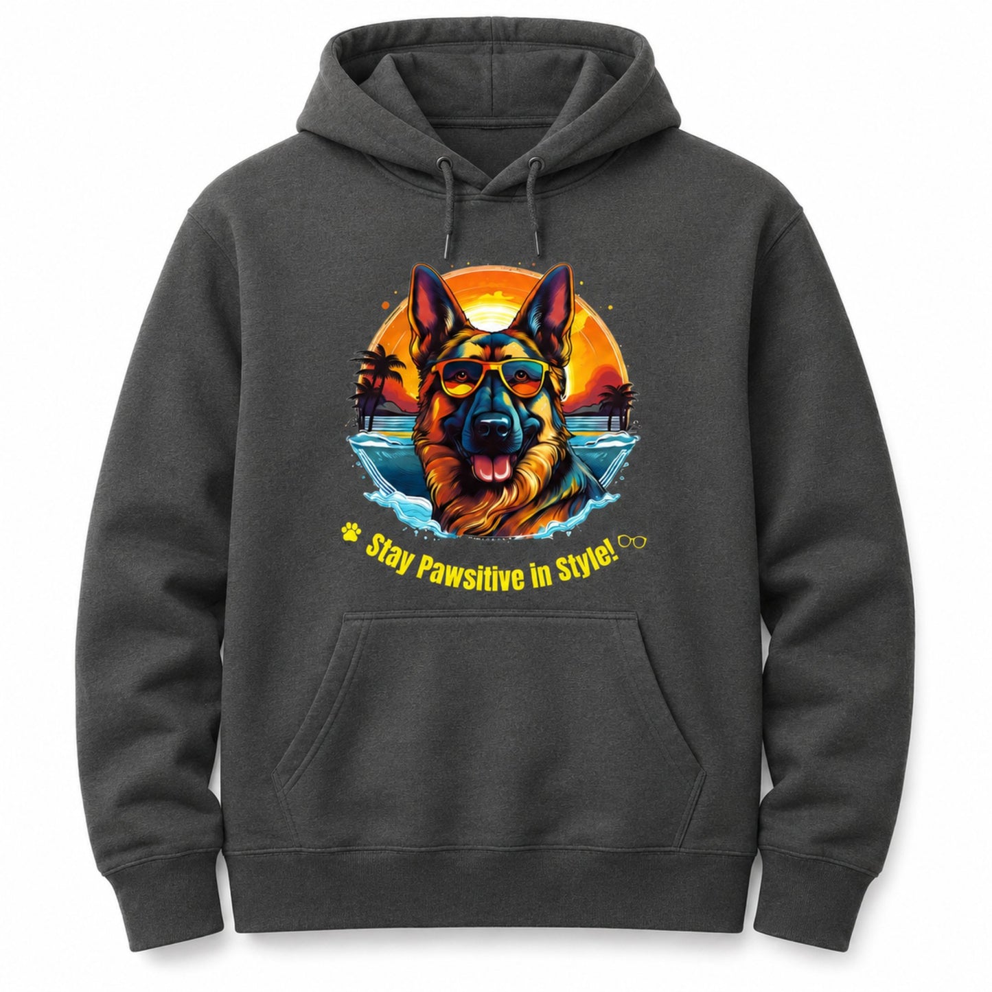 Front view of charcoal German Shepherd hoodie featuring the colorful Stay Pawsitive in Style dog lover graphic.