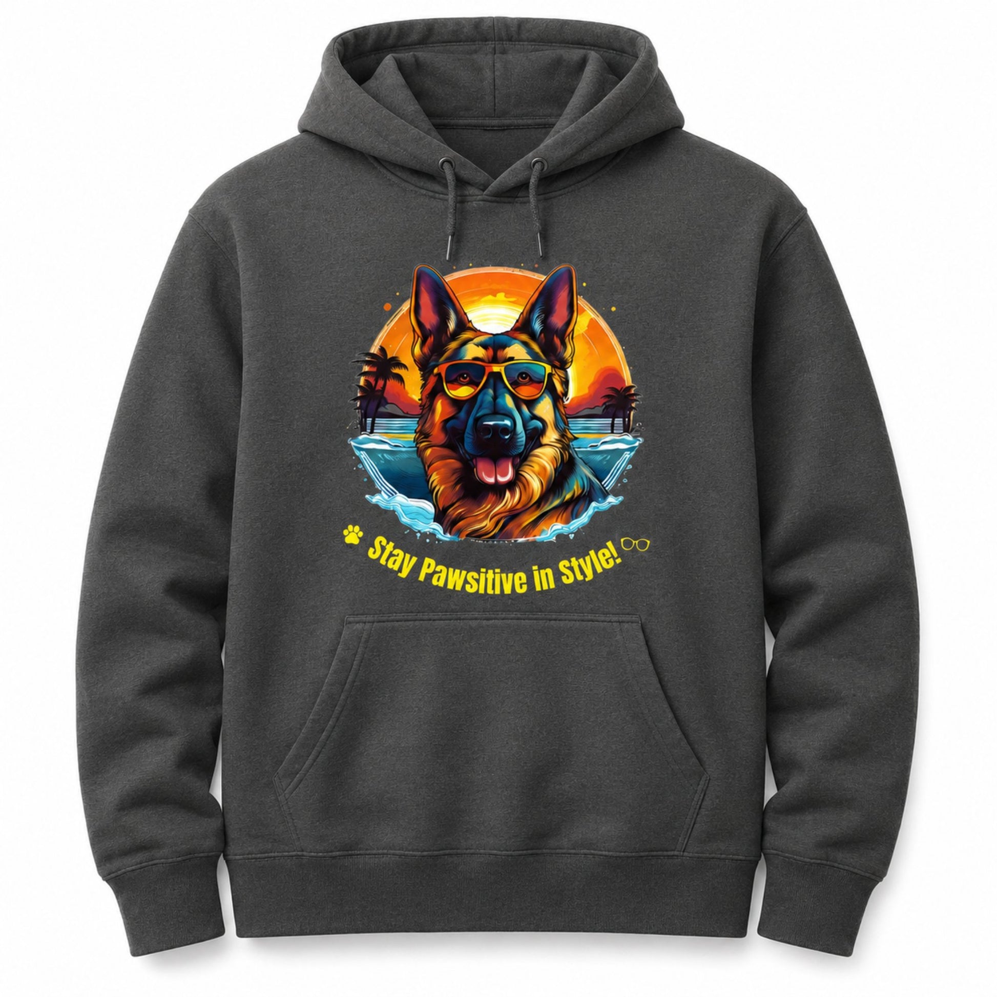Front view of charcoal German Shepherd hoodie featuring the colorful Stay Pawsitive in Style dog lover graphic.