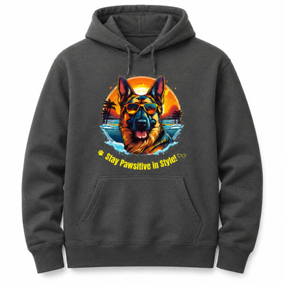 Front view of charcoal German Shepherd hoodie featuring the colorful Stay Pawsitive in Style dog lover graphic.