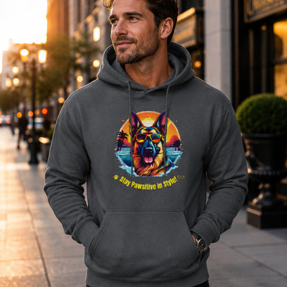Male model wearing charcoal German Shepherd dog lover hoodie featuring the Stay Pawsitive in Style design.