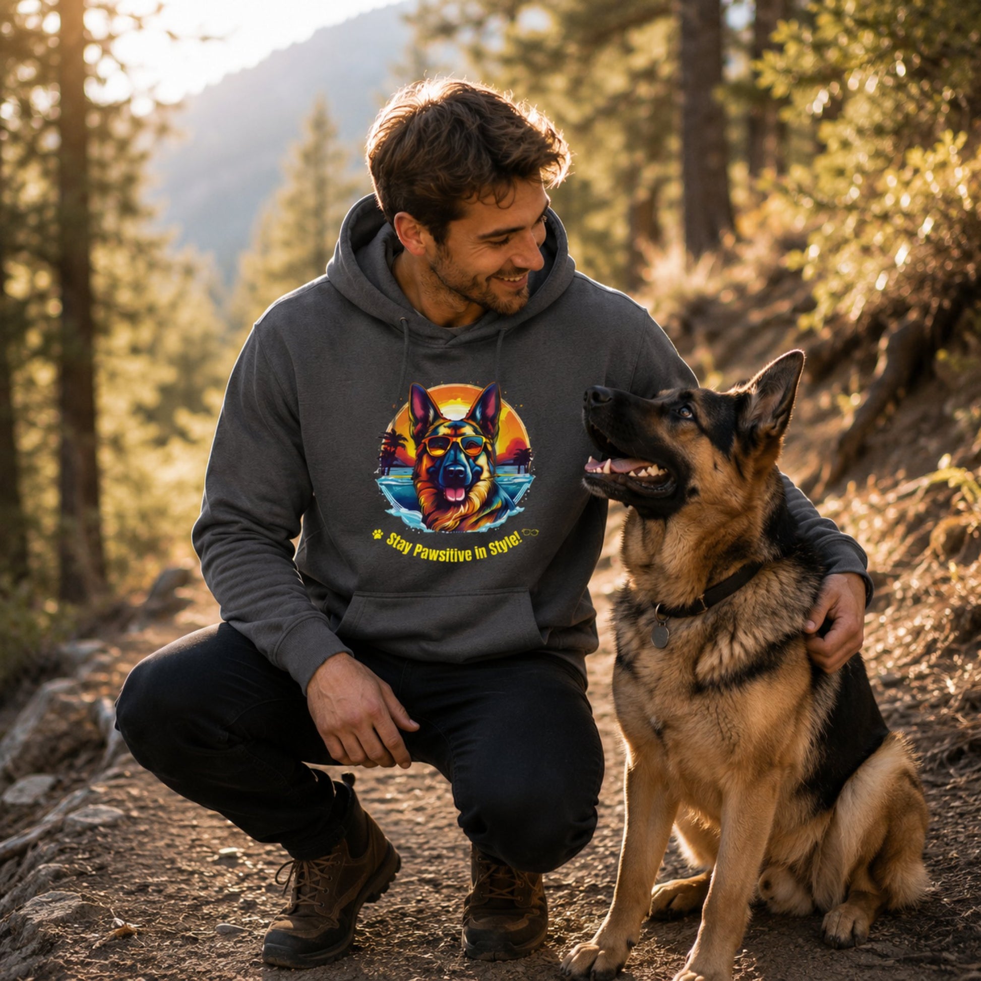 Dog owner wearing charcoal German Shepherd hoodie while spending time with a German Shepherd outdoors.