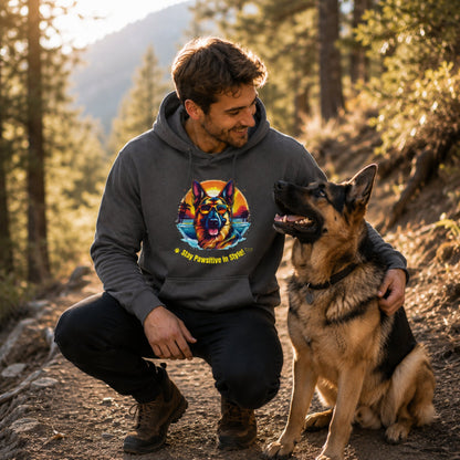 Dog owner wearing charcoal German Shepherd hoodie while spending time with a German Shepherd outdoors.