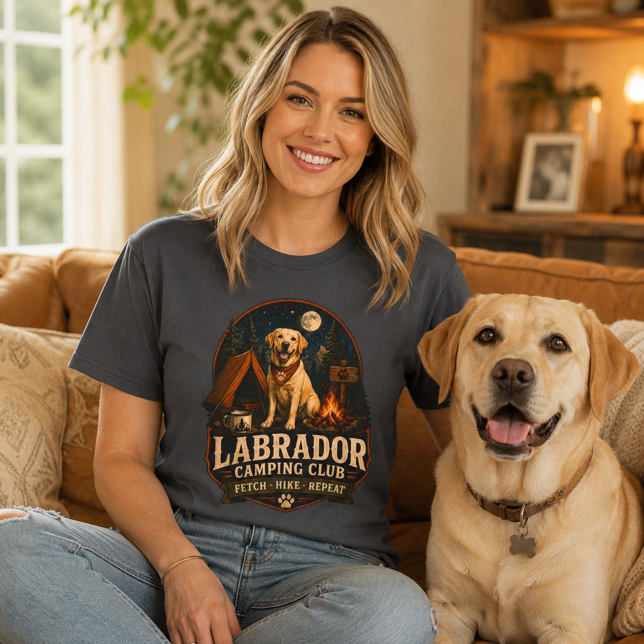 Labrador Camping Club T-Shirt — "Fetch • Hike • Repeat" Dog Lover Tee