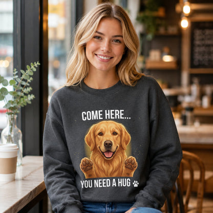 Woman wearing a dark heather Golden Retriever dog lover sweatshirt in a cozy cafe close-up lifestyle mock-up.