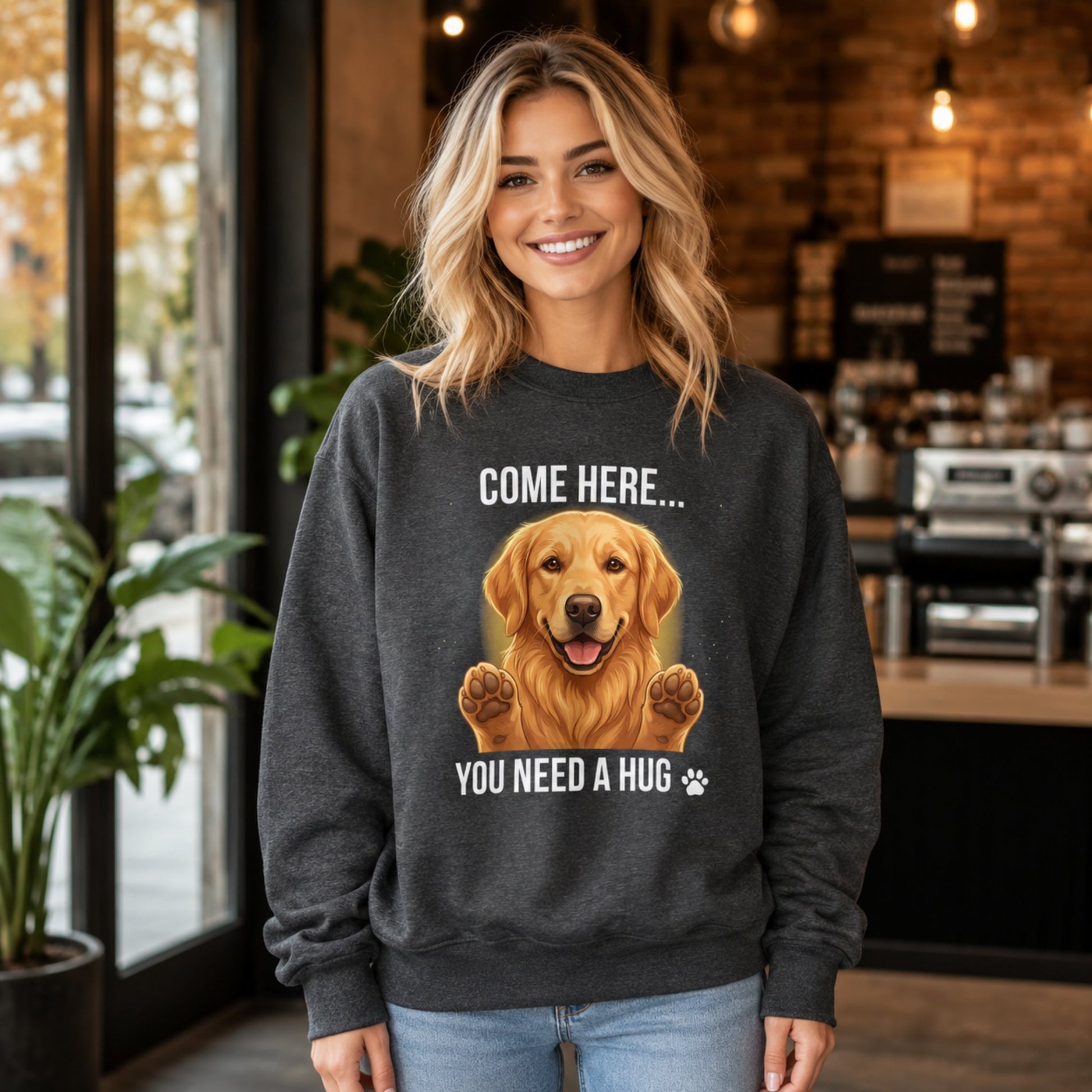 Woman wearing a dark heather Golden Retriever sweatshirt with “Come Here You Need a Hug” design inside a cafe.