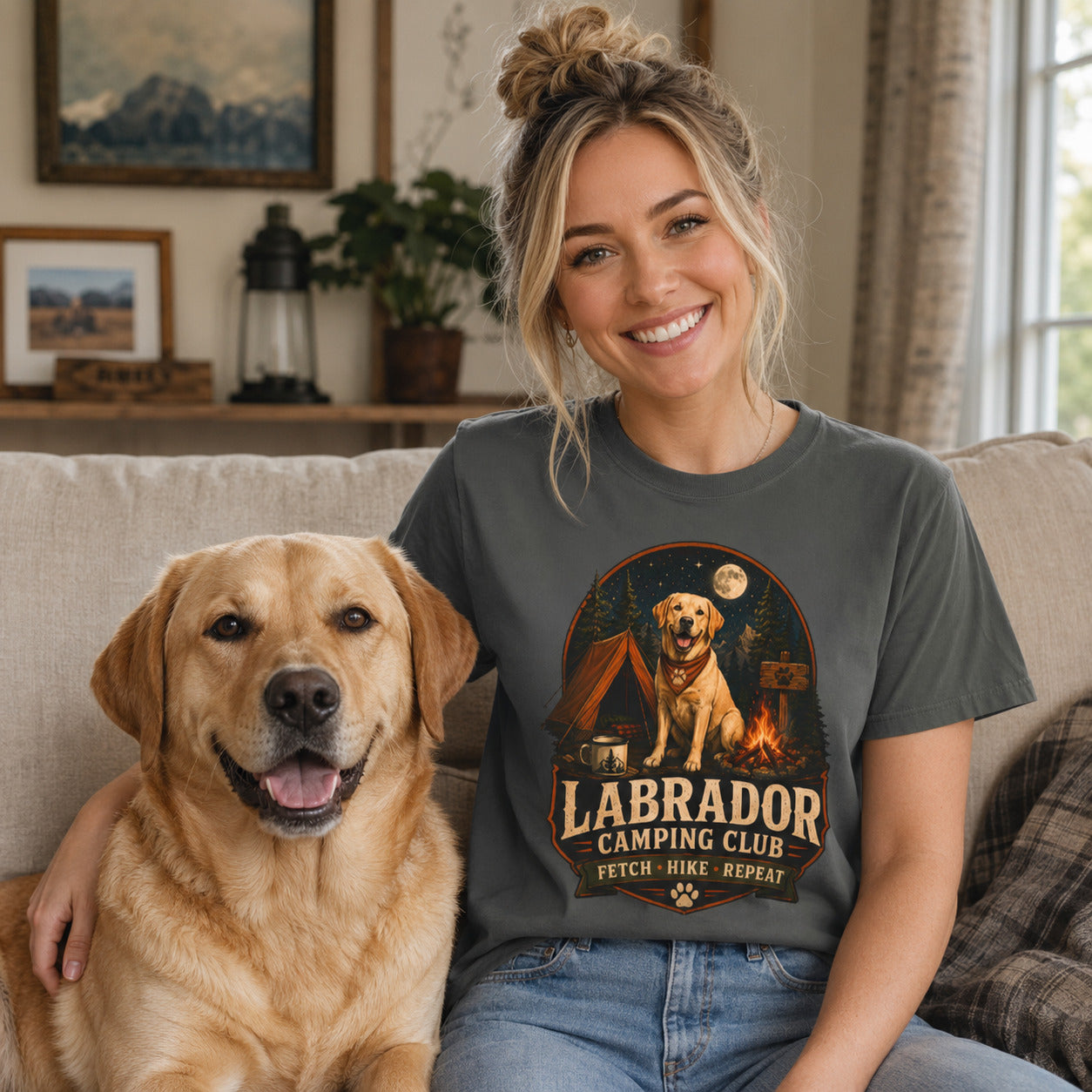 Labrador Camping Club T-Shirt — "Fetch • Hike • Repeat" Dog Lover Tee