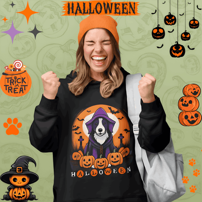 Woman wearing a black Halloween hoodie featuring a spooky dog in a purple hooded costume surrounded by pumpkins, bats, and Halloween graphics, festive autumn hoodie mockup with trick-or-treat theme and playful seasonal decorations.