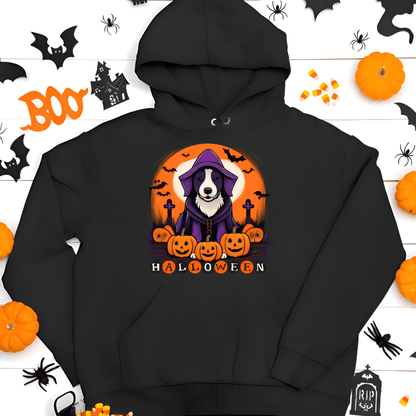 Black Halloween hoodie featuring a spooky dog in a purple hooded costume surrounded by pumpkins, bats, and graveyard graphics, festive dog lover hoodie flat lay mockup with Halloween decorations including spiders, pumpkins, and “Boo” accents.