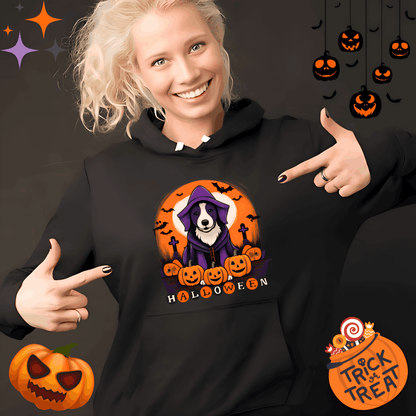 Smiling woman wearing a black Halloween hoodie featuring a spooky dog in a purple hooded costume with pumpkins, bats, and Halloween text, festive autumn hoodie mockup with trick-or-treat decorations and playful seasonal theme.