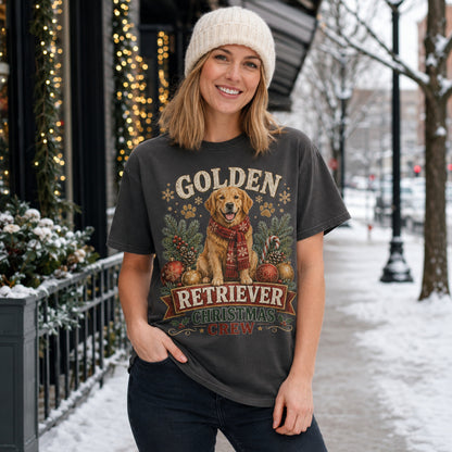 Golden Retriever Christmas Crew t-shirt in graphite styled on a snowy city street