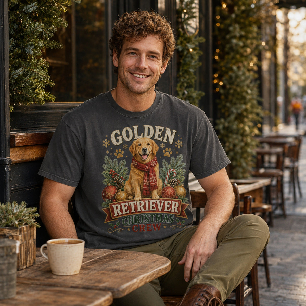 Golden Retriever Christmas Crew t-shirt in graphite styled at a holiday cafe