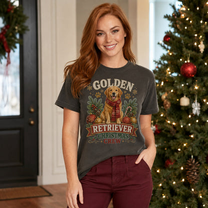 Golden Retriever Christmas Crew t-shirt in graphite styled by an entryway Christmas tree