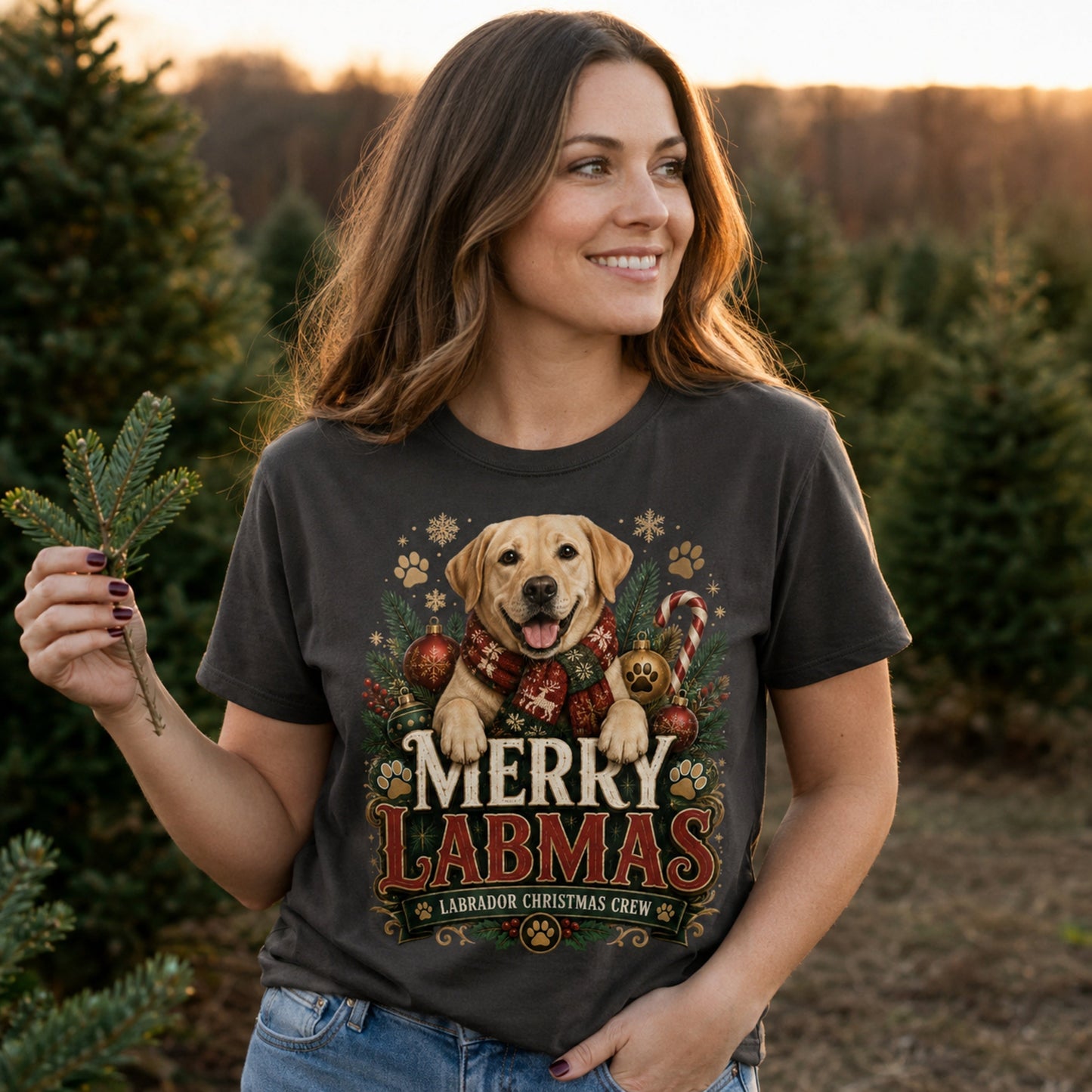 Woman wearing a graphite Merry Labmas t-shirt at a tree farm