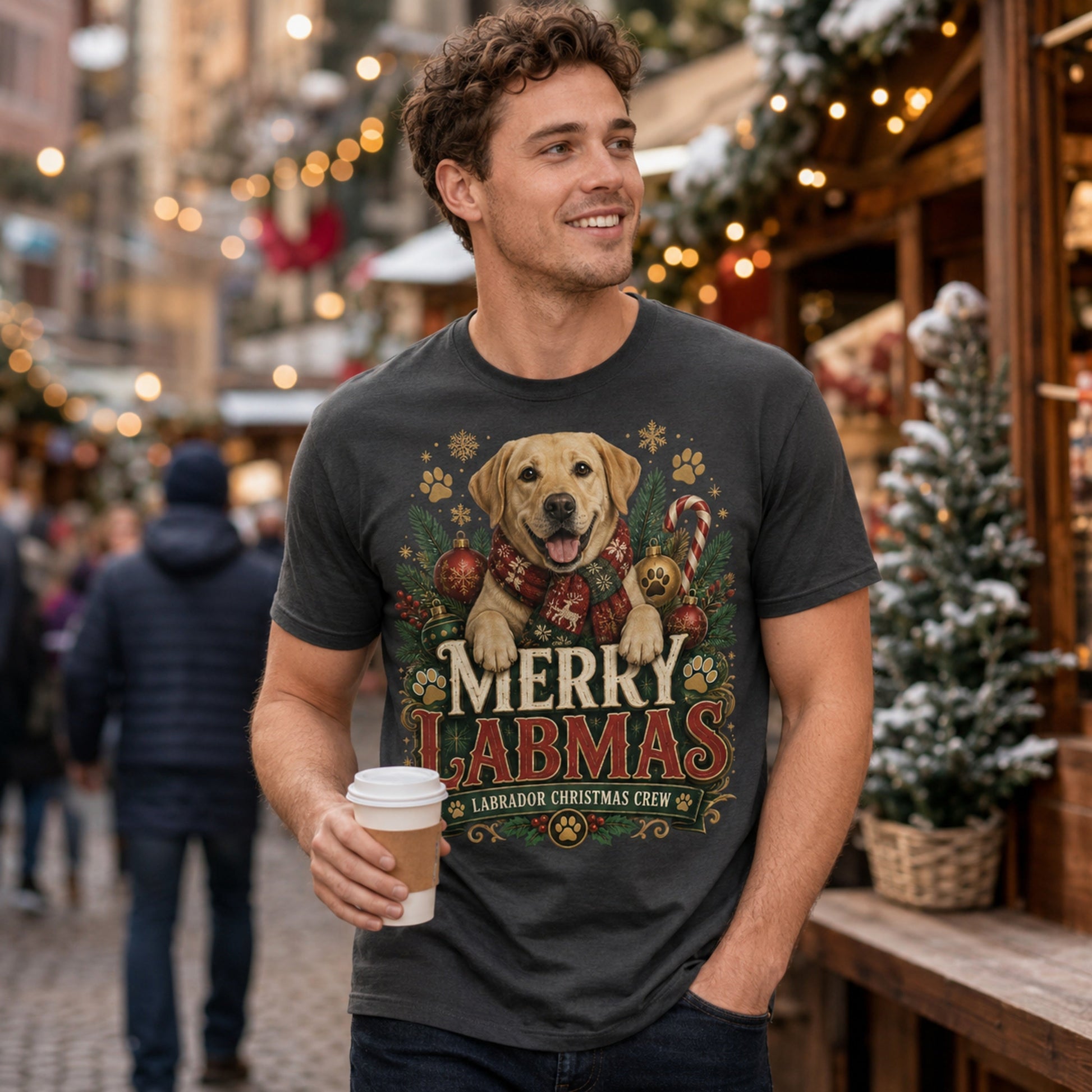 Man wearing a graphite Merry Labmas t-shirt on a festive downtown street