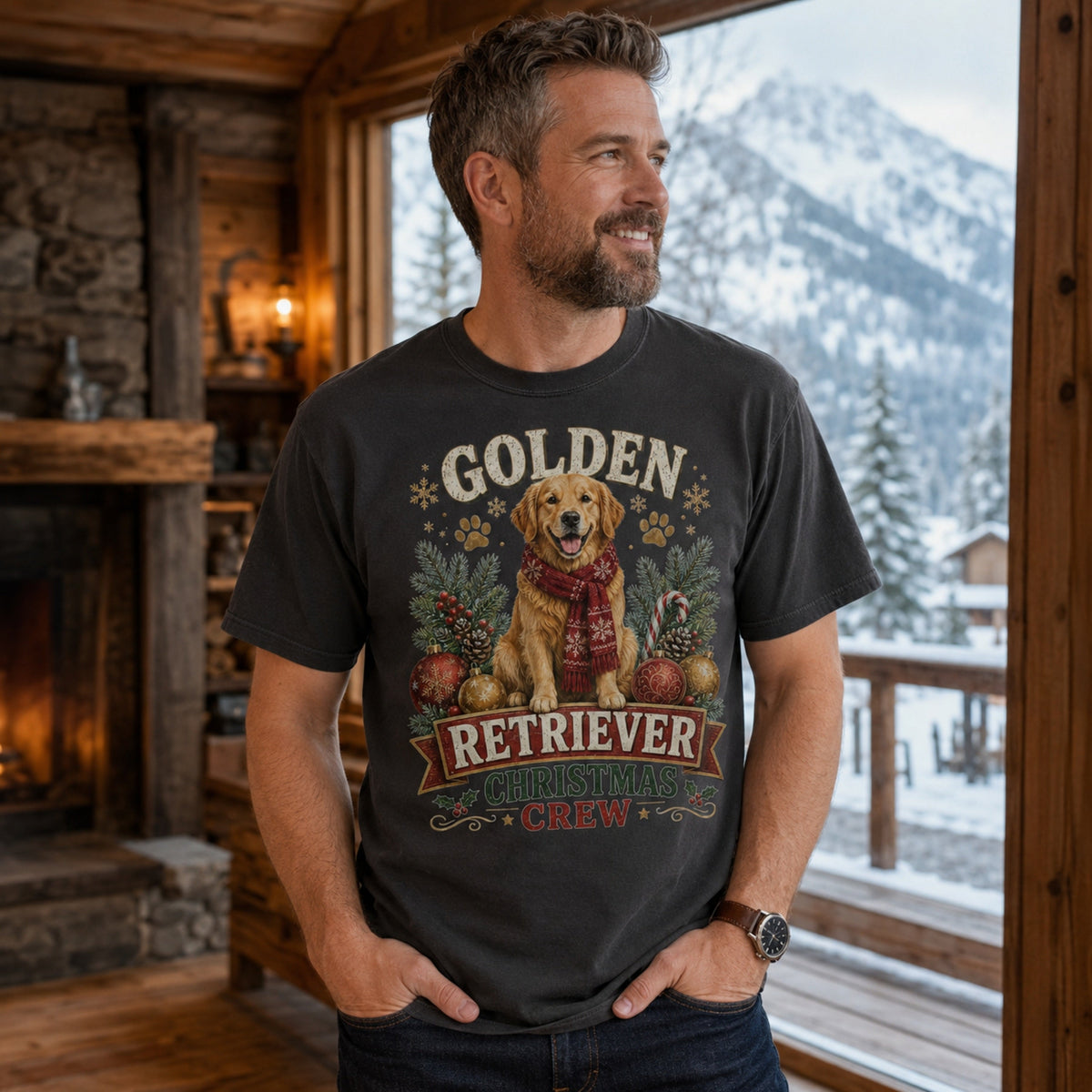 Golden Retriever Christmas Crew t-shirt in graphite styled at a mountain lodge