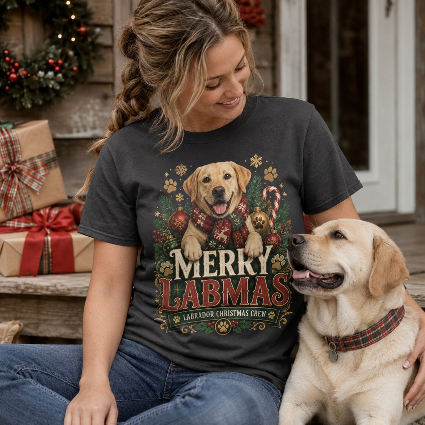 Woman wearing a graphite Merry Labmas t-shirt with her dog on the porch