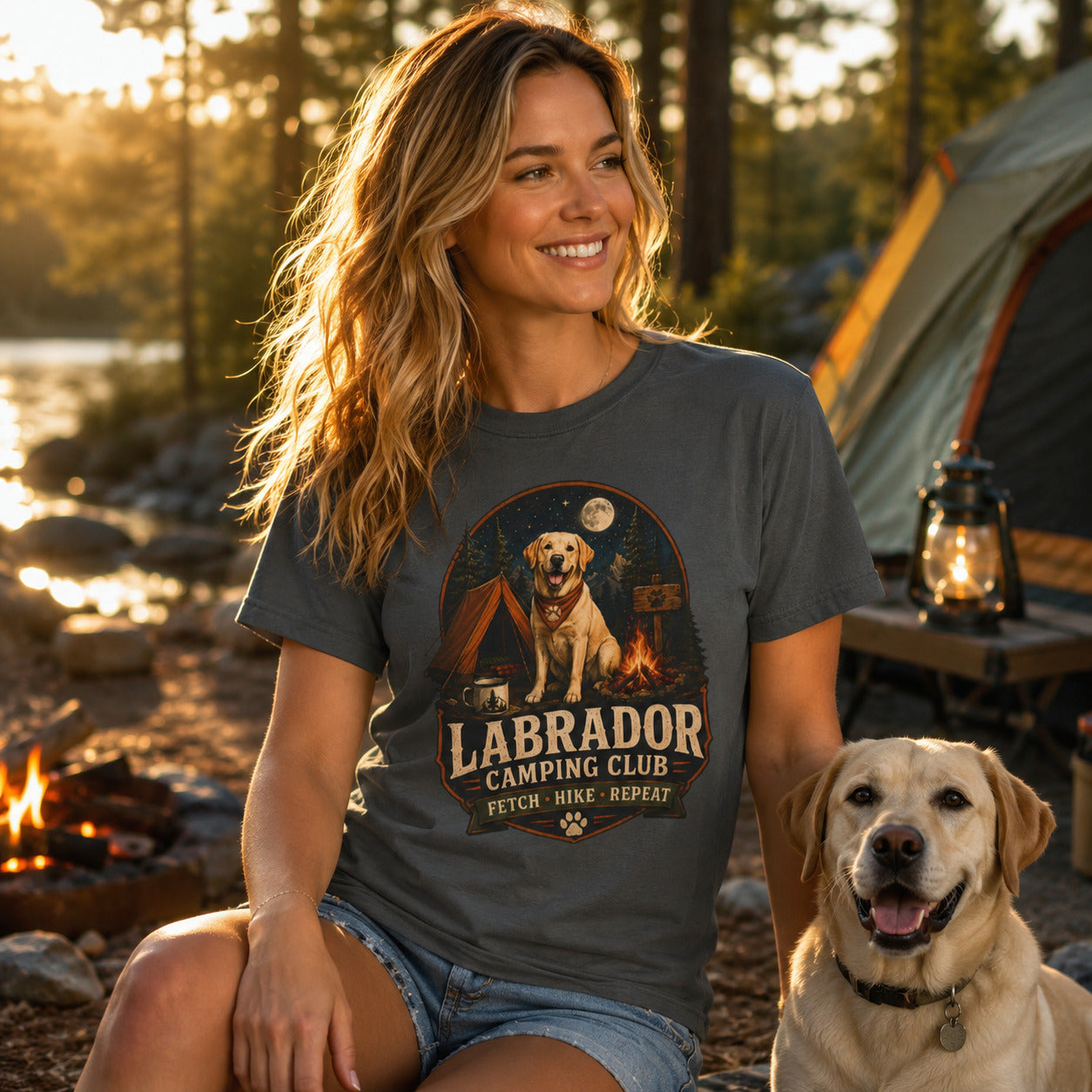 Labrador Camping Club T-Shirt — "Fetch • Hike • Repeat" Dog Lover Tee