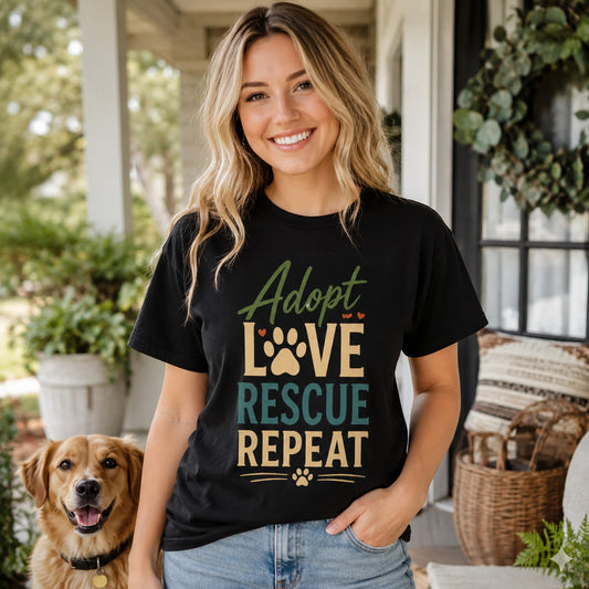 Adopt Love Rescue Repeat T-Shirt | Rescue Dog Lover Tee | Pet Print Lab