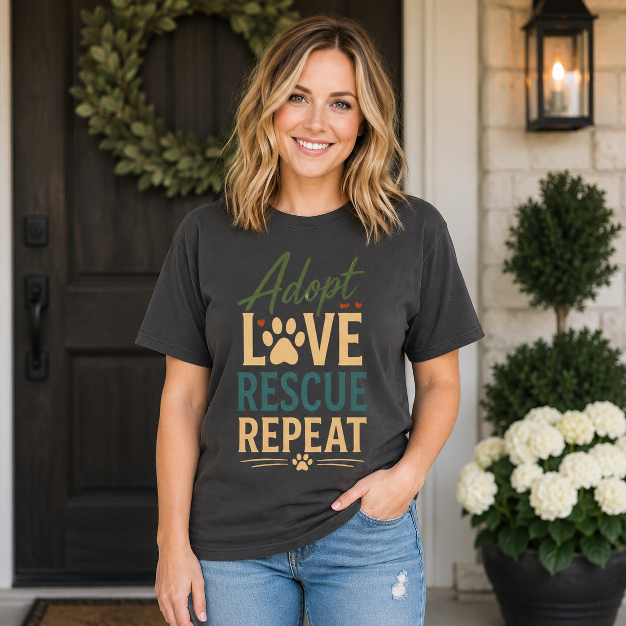 Adopt Love Rescue Repeat T-Shirt | Rescue Dog Lover Tee | Pet Print Lab