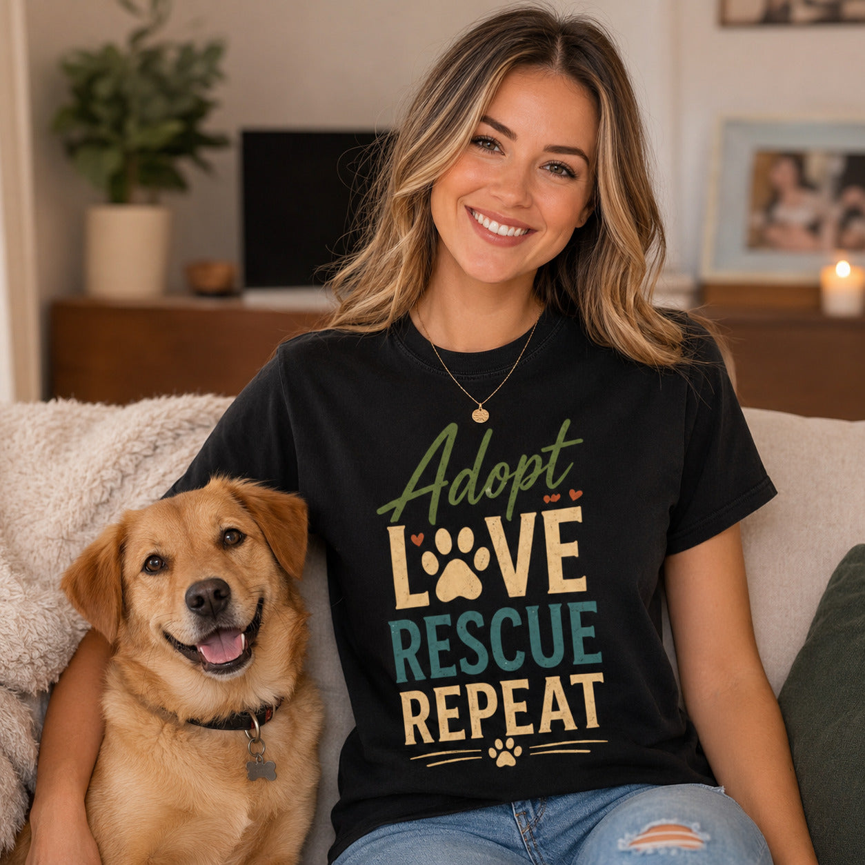 Adopt Love Rescue Repeat T-Shirt | Rescue Dog Lover Tee | Pet Print Lab