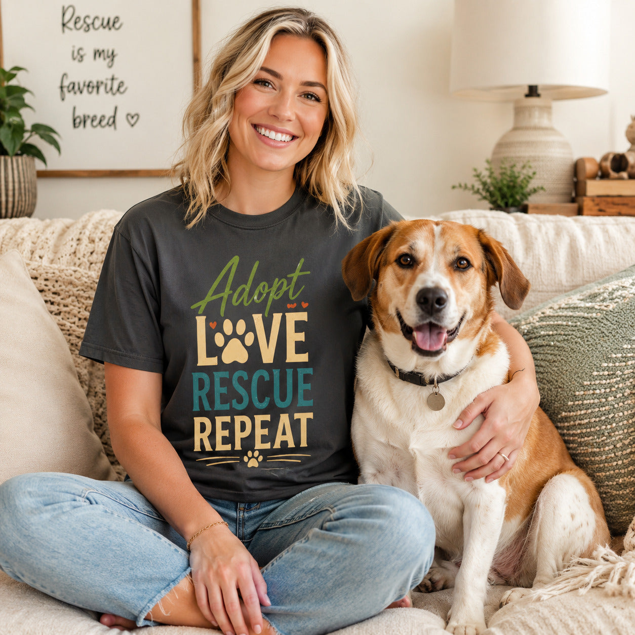Adopt Love Rescue Repeat T-Shirt | Rescue Dog Lover Tee | Pet Print Lab