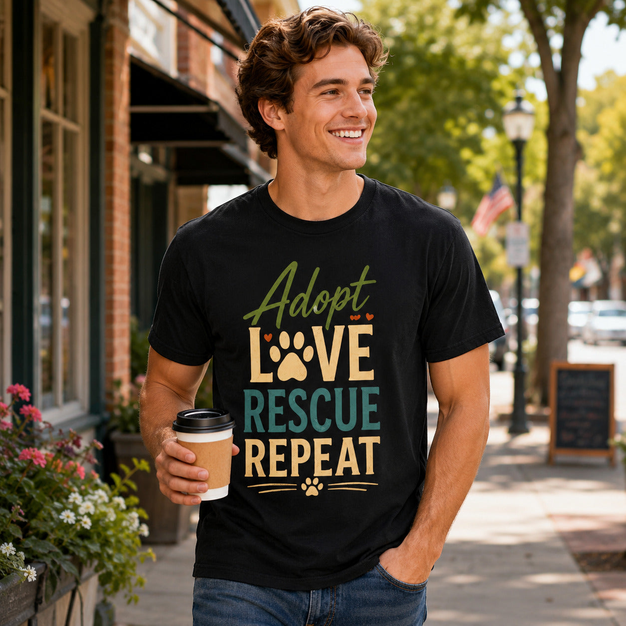 Adopt Love Rescue Repeat T-Shirt | Rescue Dog Lover Tee | Pet Print Lab