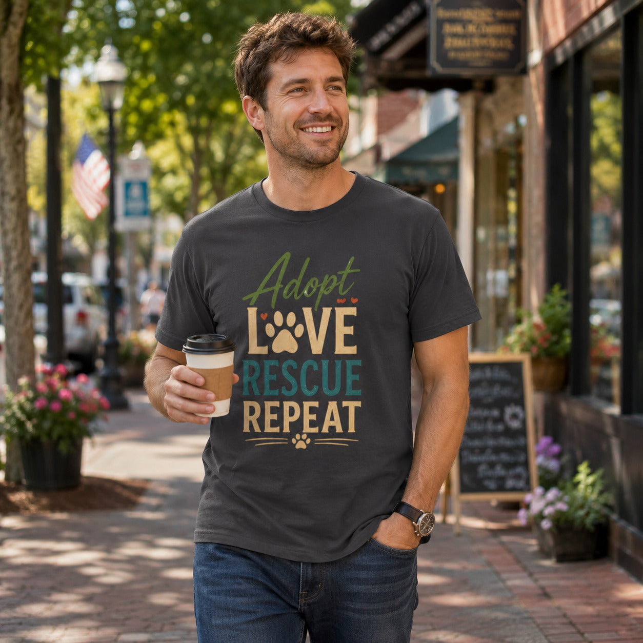 Adopt Love Rescue Repeat T-Shirt | Rescue Dog Lover Tee | Pet Print Lab