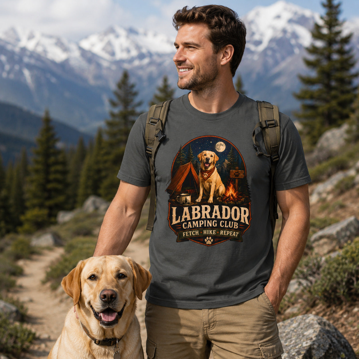 Labrador Camping Club T-Shirt — "Fetch • Hike • Repeat" Dog Lover Tee
