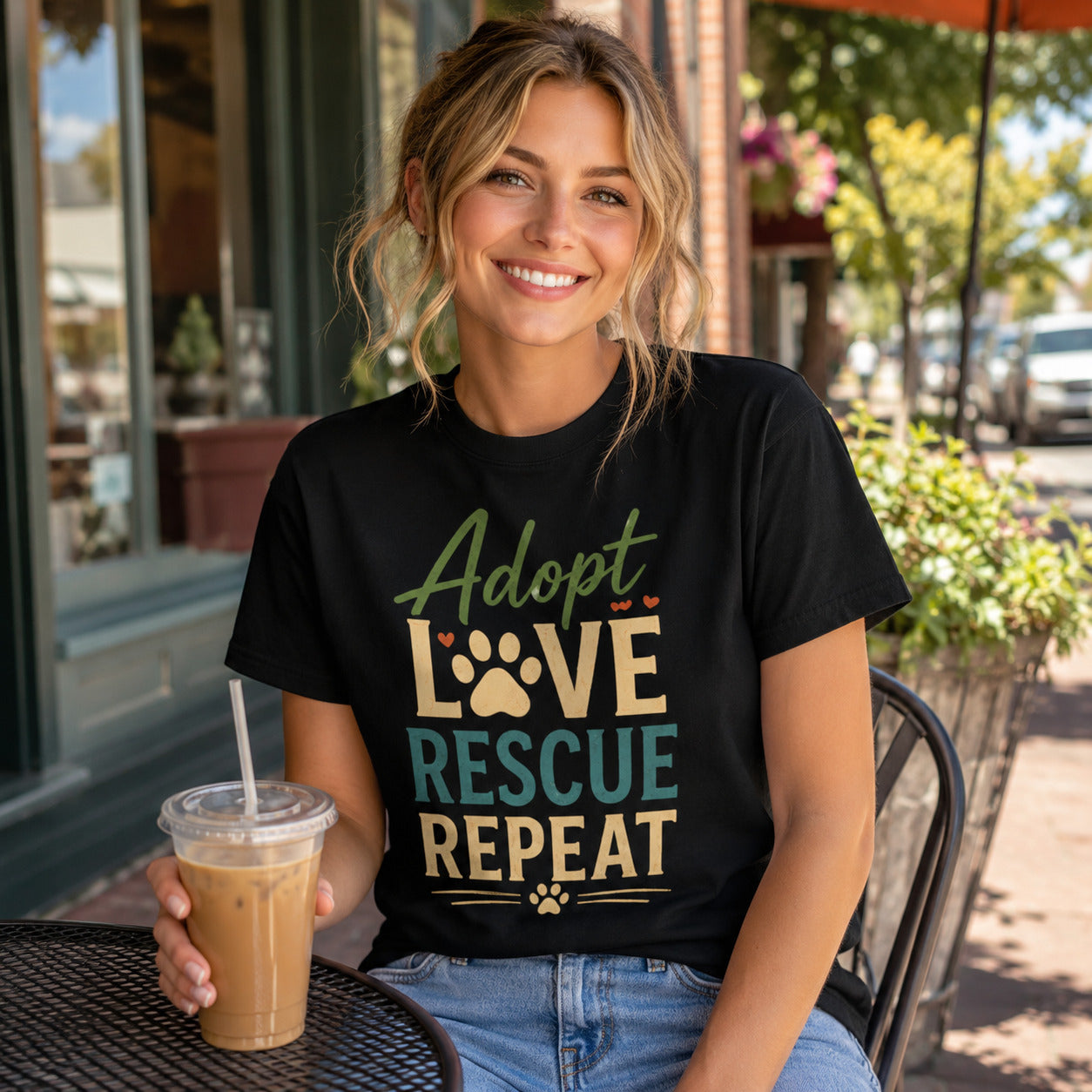 Adopt Love Rescue Repeat T-Shirt | Rescue Dog Lover Tee | Pet Print Lab