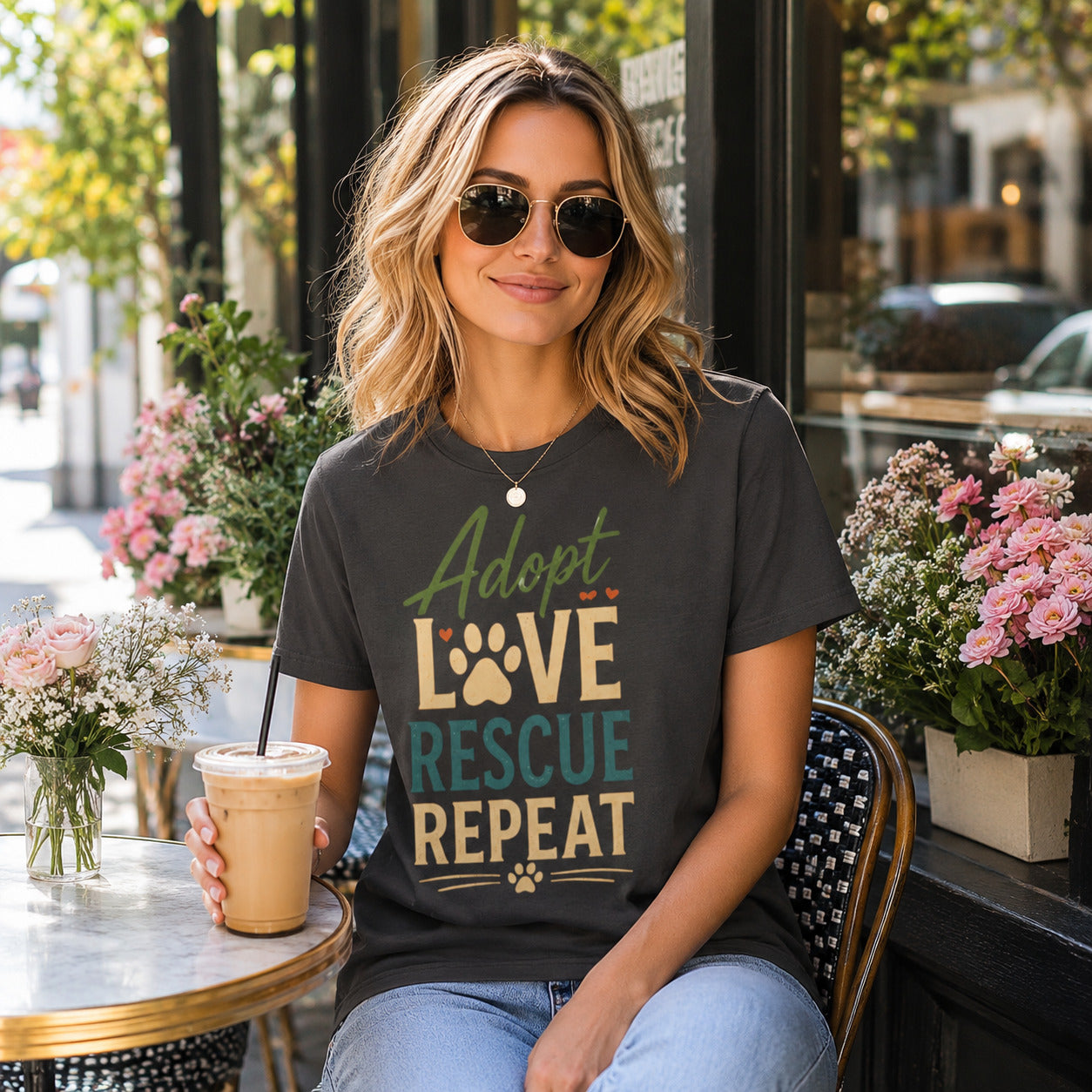 Adopt Love Rescue Repeat T-Shirt | Rescue Dog Lover Tee | Pet Print Lab