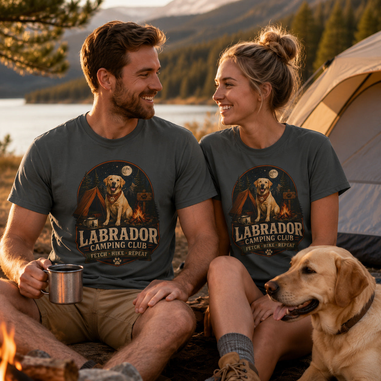 Labrador Camping Club T-Shirt — "Fetch • Hike • Repeat" Dog Lover Tee