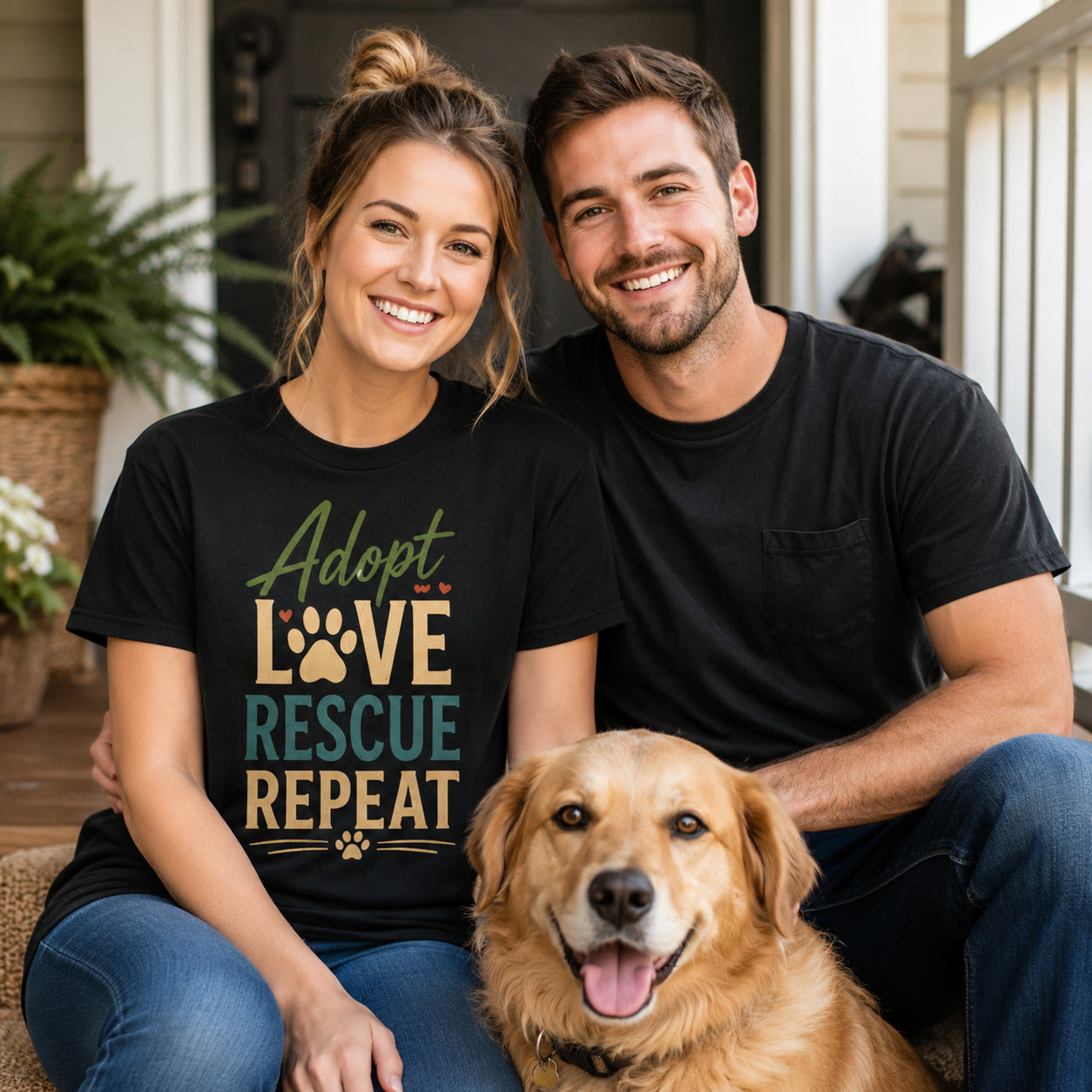 Adopt Love Rescue Repeat T-Shirt | Rescue Dog Lover Tee | Pet Print Lab