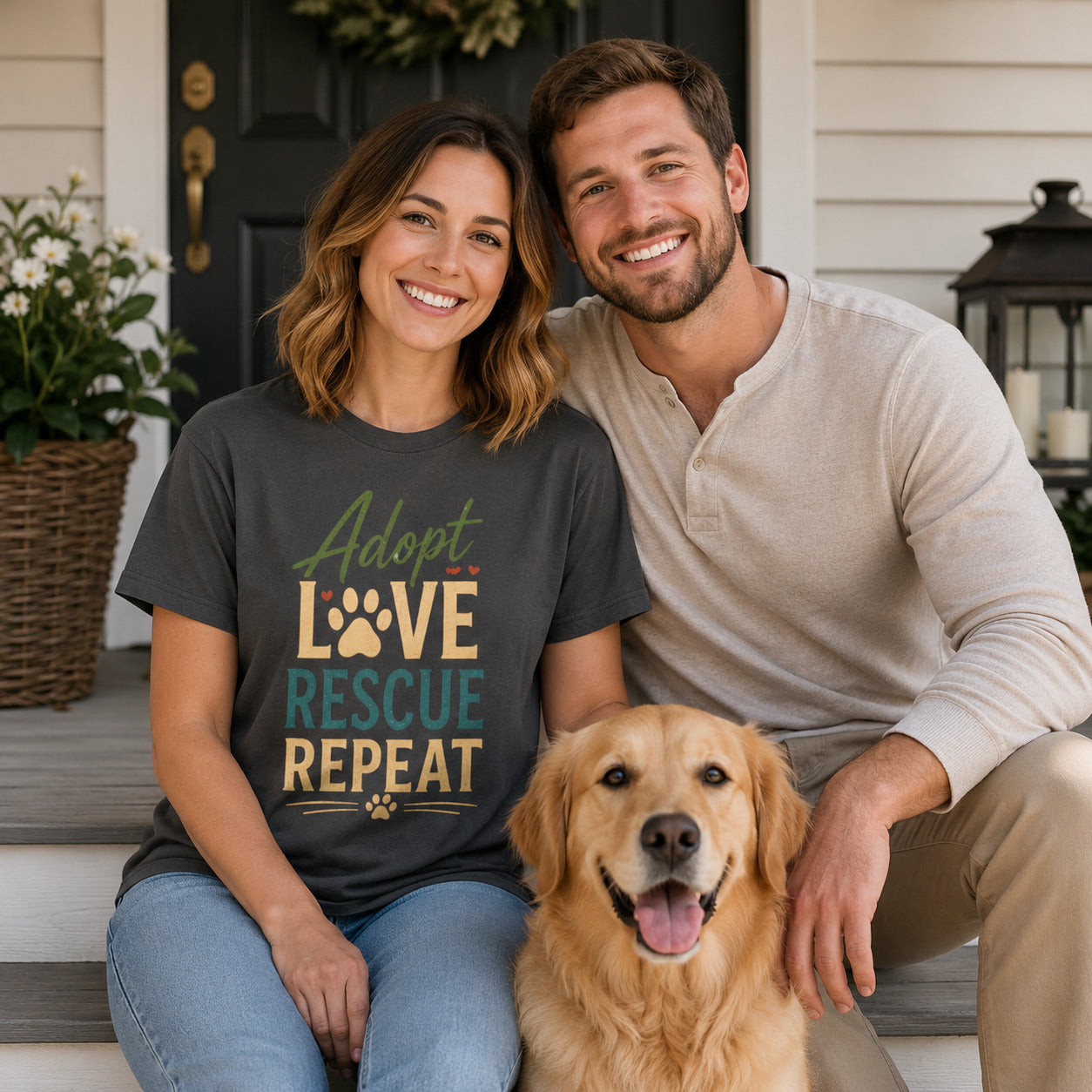 Adopt Love Rescue Repeat T-Shirt | Rescue Dog Lover Tee | Pet Print Lab