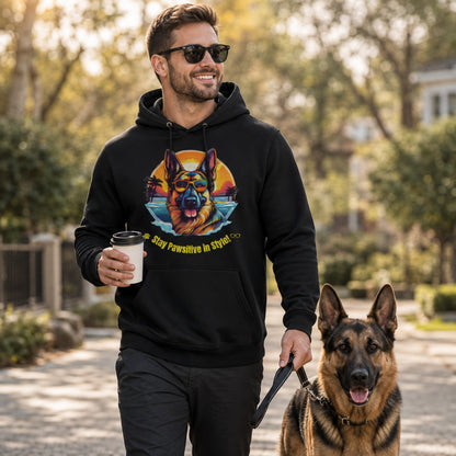 Man walking German Shepherd while wearing Jet Black dog lover graphic hoodie