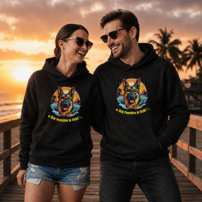 Couple wearing Jet Black German Shepherd Stay Pawsitive in Style hoodie at sunset beach boardwalk