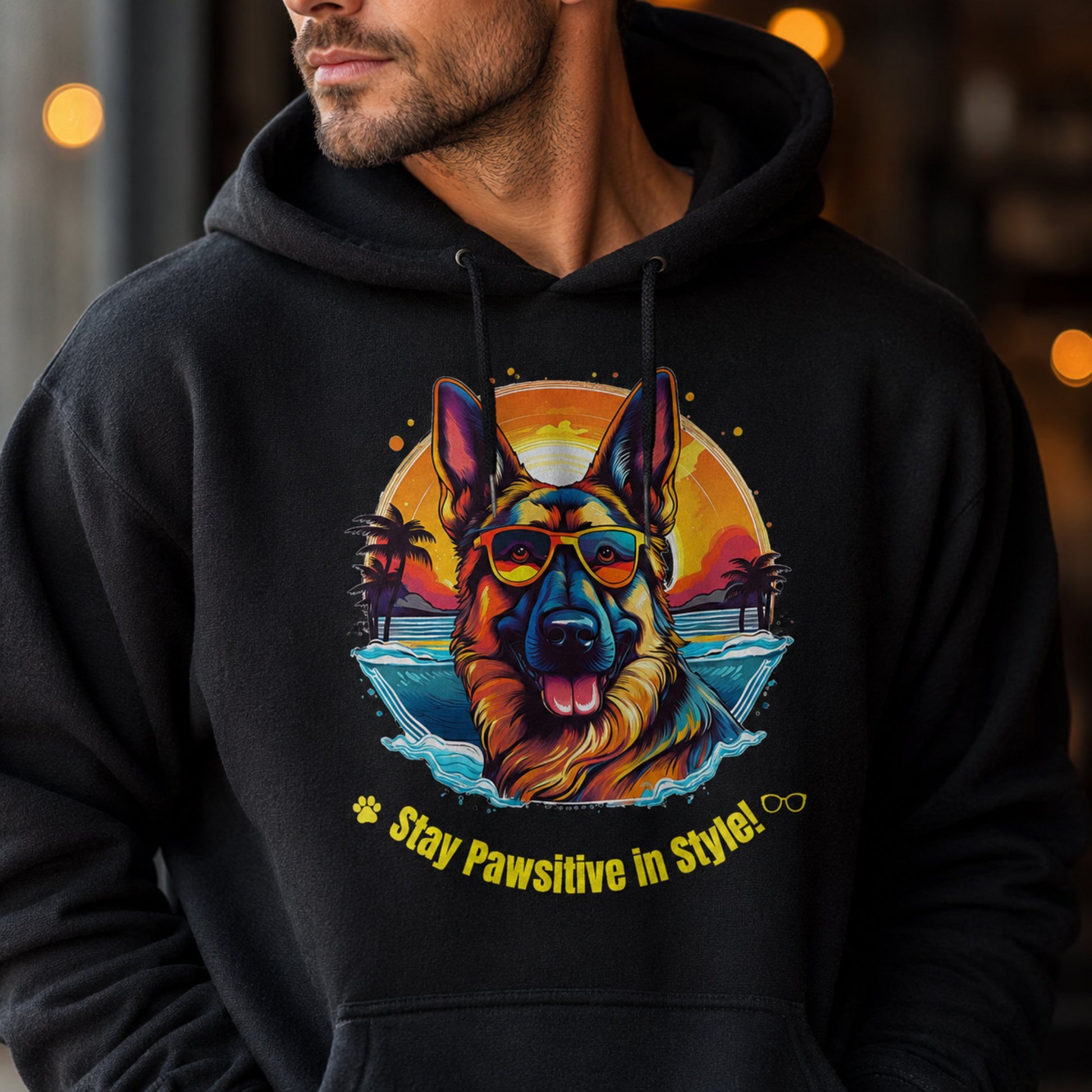 Close-up of colorful German Shepherd sunset graphic on Jet Black dog lover hoodie