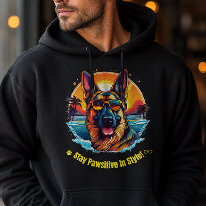 Close-up of colorful German Shepherd sunset graphic on Jet Black dog lover hoodie