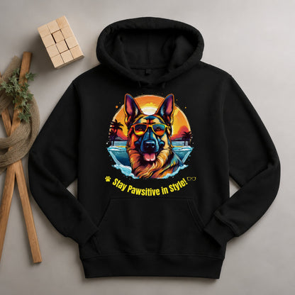 Flat lay view of Jet Black German Shepherd Stay Pawsitive in Style hoodie