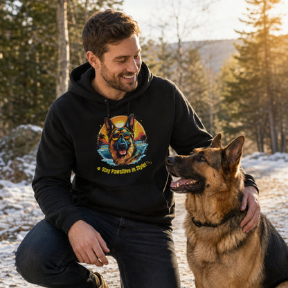 Outdoor winter lifestyle photo of Jet Black German Shepherd graphic hoodie for dog lovers