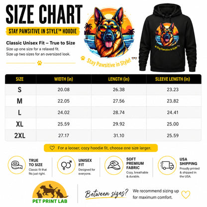 Jet Black German Shepherd Stay Pawsitive in Style hoodie size chart with measurements and fit guide