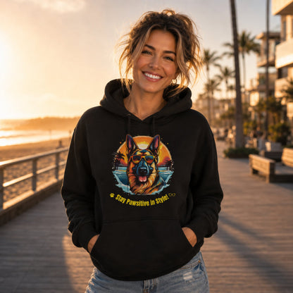 Woman wearing Jet Black German Shepherd Stay Pawsitive in Style hoodie during sunset walk