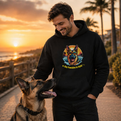 Dog owner wearing Jet Black German Shepherd hoodie with loyal German Shepherd companion
