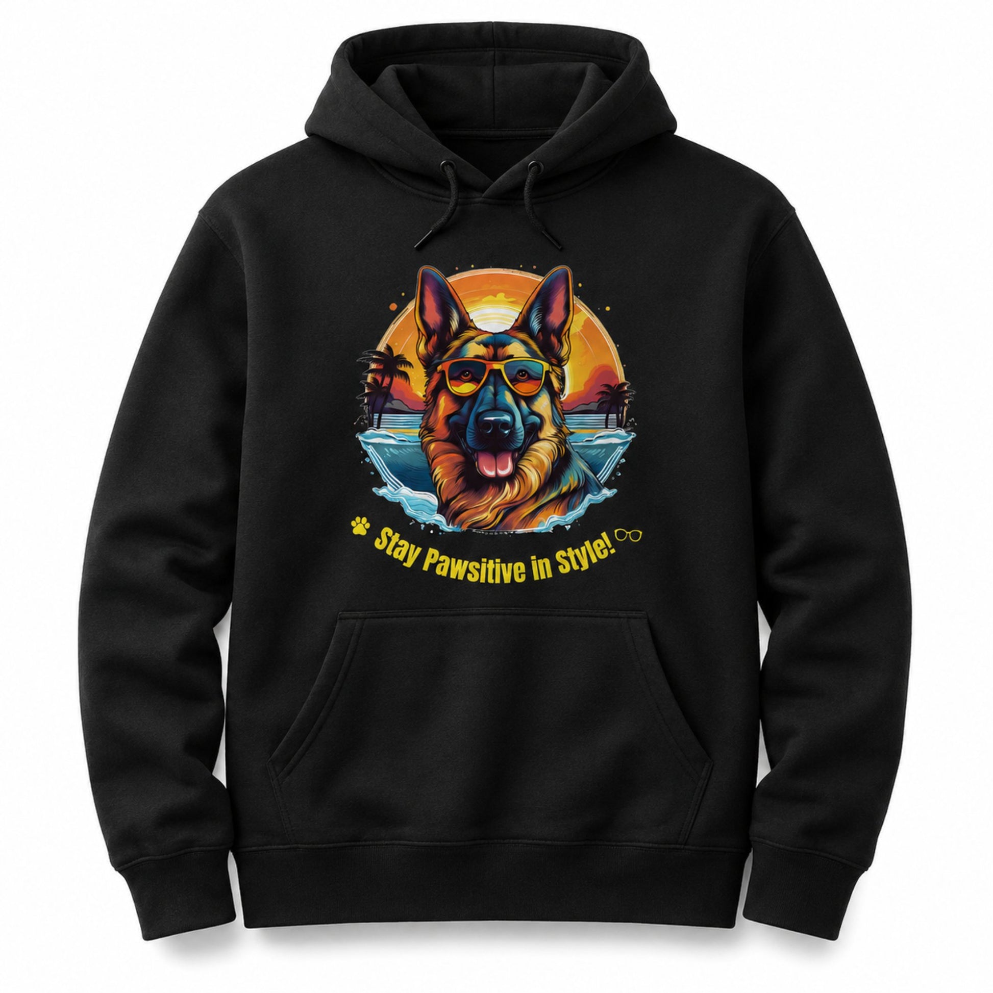 Jet Black German Shepherd Stay Pawsitive in Style unisex hoodie front product mockup